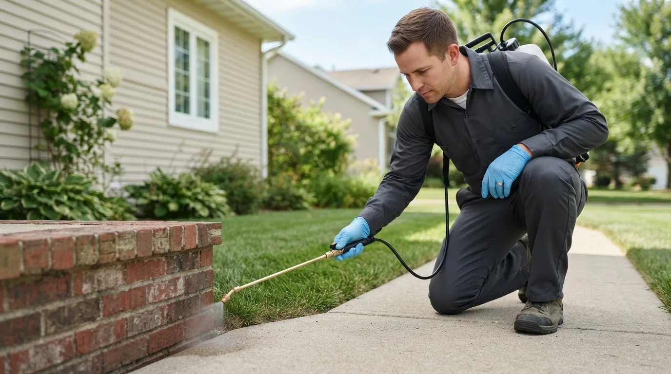 Pest control technician treating a home near Lakeview, OH